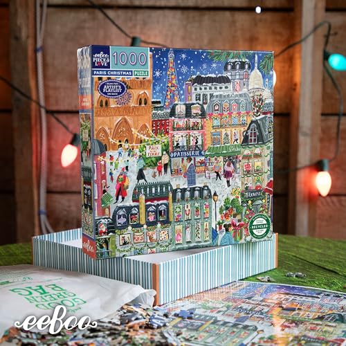 eeBoo Paris Christmas 1000 Piece Square Jigsaw Puzzle, 23" x 23" | Double coated, sturdy & dust free pieces with a satisfying snap. Includes full color reference insert. Vibrant, original art - style: Paris Christmas