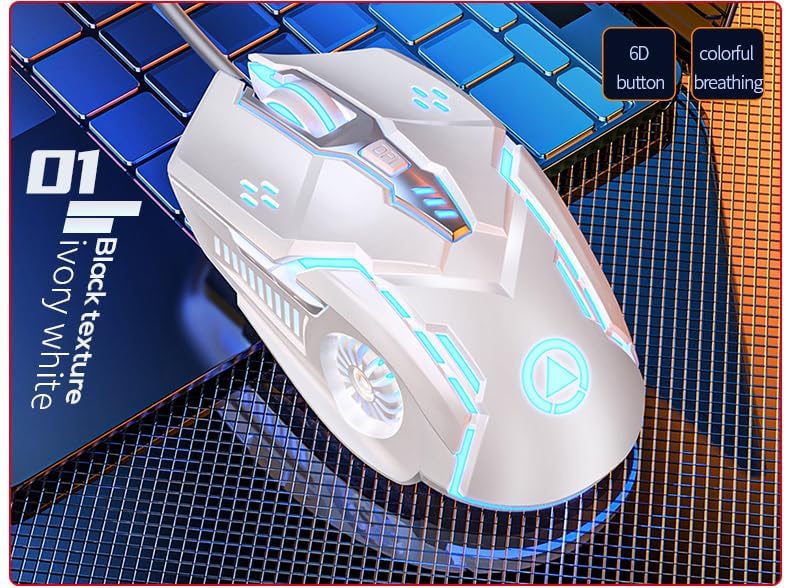 CHONCHOW Silent Click Mouse, Gaming Mouse Wired, 6 Button, 4 Adjustable DPI Upto 3200 DPI, RGB Lighting, Compatibility for PC/Laptop/Mac, Wired Mouse Used for Games and Office (White)