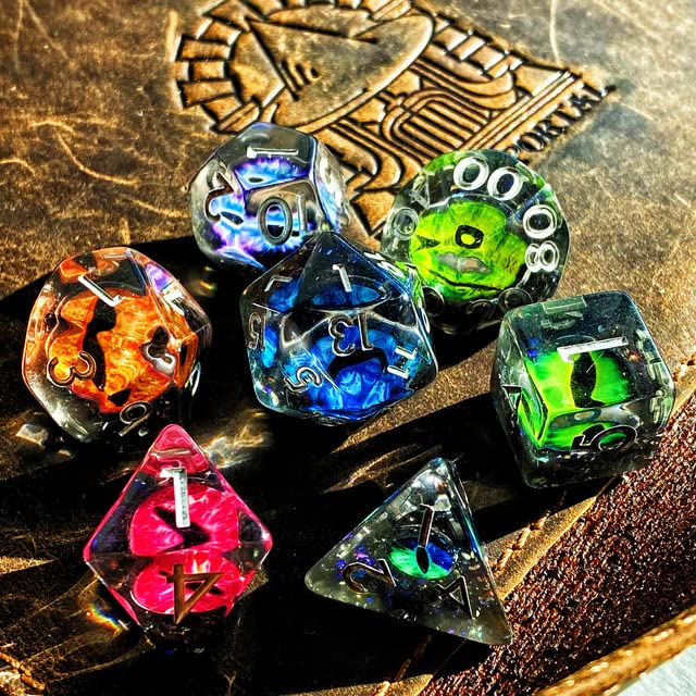 Sage's Portal Animal Familiars Resin DND Dice Set Polyhedral Dice Set for Dungeons and Dragons RPG Pathfinder Tabletop TTRPG (Bottled Rainbow Dragon Eyes) - color: Bottled Rainbow Dragon Eyes