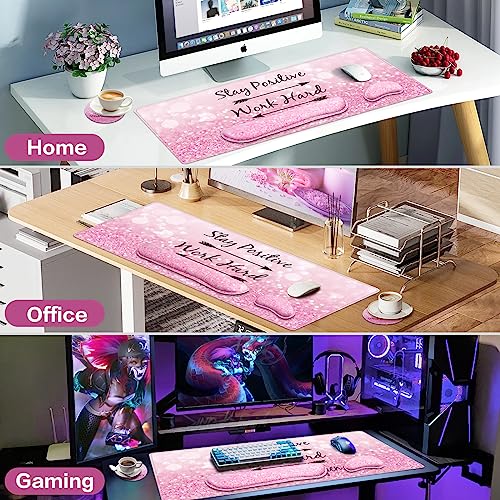 Mousepad Pink, Mouse Pad with Wrist Rest, 4-in-1 Large Mousepad+Keyboard Wrist Rest+Mouse Pad Wrist Support+Cup Pad Set,Ergonomic Mouse Pad,Anti-Slip,Memory Foam Desk Mat for Women Office Gaming - color: Pink Particle