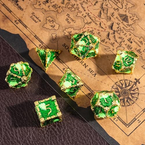 Cusdie 7Pcs Metal Dice with Metal Box, Dagger Design Polyhedral DND Dice Set, for Role Playing Game D&D Dice (Golden Green) - color: Dagger-golden Green