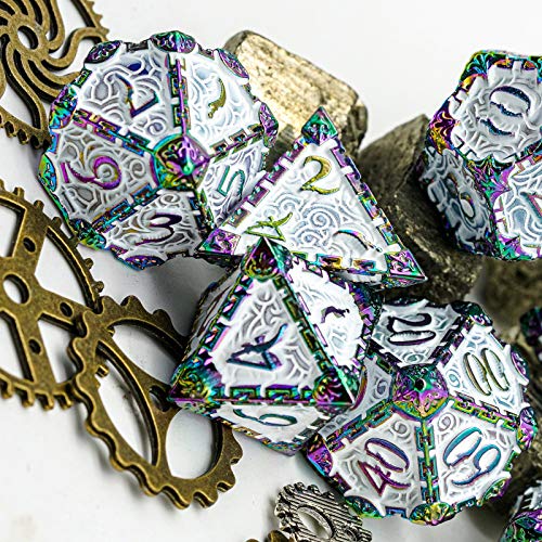 Cusdie 7 Pcs Metal DND Dice with Metal Box, Dagger Design Polyhedral Dice Set, for Role Playing Game D&D Dice (Colorful White) - color: Colorful White