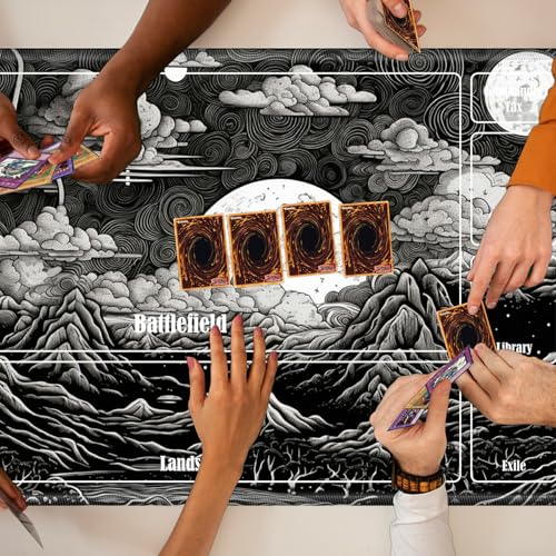 MTG Playmat with Zones, TCG Card Game Play Mat with Stitched Edges, Non-Slip Rubber Base Gaming Desk Mat, Smooth Surface 24 x 14 Inch, Black and White Landscape - color: Black and White Landscape, size: Zone 1