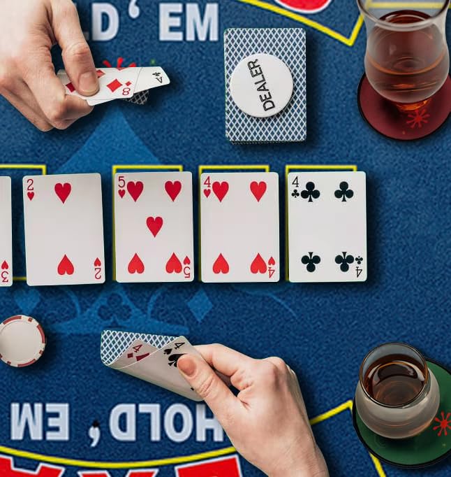 2-in-1 Casino Night Poker Mat, 36"x72" Double-Sided Texas Hold'em & Blackjack Felt Table Cover, Non-Slip Steel Clamps Included, Perfect for Game Night, Home & Casino Parties - color: Blue