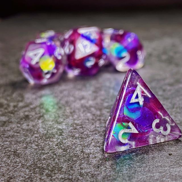 Sage’s Portal Cantrips DND Dice Set - Round Edge Resin 7-PC Polyhedral DND Dice Set for Dungeons and Dragons D&D RPG Tabletop TTRPG (Purple Holo Flakes) - color: Purple Holo Flakes