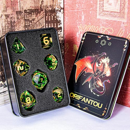 Magic Golden Ring DND Dice with Box, Green Sharp Edge Handmade D and D Polyhedral Dice for use with D&D Tabletop Games RPG, Lord Resin Dice D20 D12 D10 D8 D6 D4 - color: Ring - Green-1
