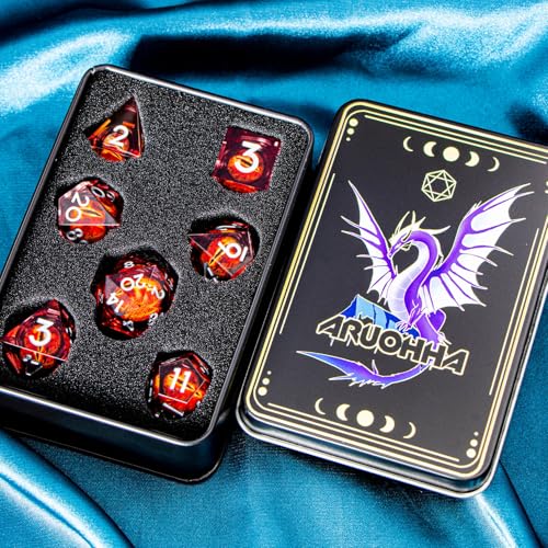 ARUOHHA DND Resin Dice Gazes Eye Dice Silver Red Liquid Core Flaming RPG Sharp Edged Dice Set with Gift Box, Polyhedral D and D Dice Set Compatible with Dungeons Dragons Role Playing Game D20 D6 - color: Sl01-red Silver