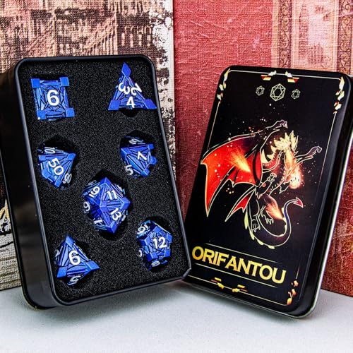 7PCS Metal DND Dice Set with Box, Debris RPG Blue White D and D Dice for D&D Tabletop Games Role Playing Game Polyhedral Dice Set D20 D12 D10 D8 D6 D4 - color: Blue White