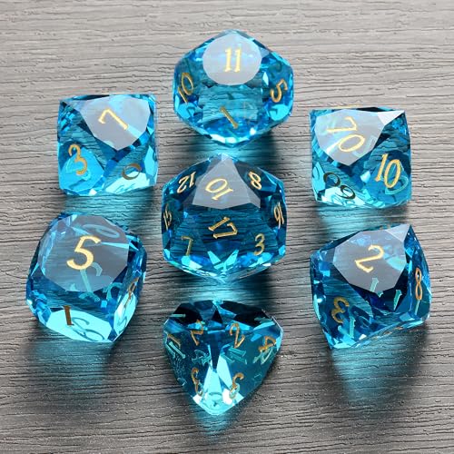 DNDND 7-Piece Glass Dice Set - Multifaceted Blue RPG Dice Set for DND, Tabletop Gaming, Collectors | Premium Gift Box & Durable Design (Blue) - color: Blue