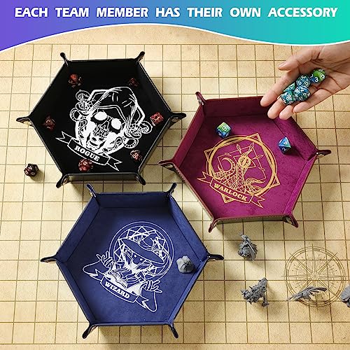 Grajar 6 Pcs DND Dice Tray with Characters Pattern for RPG D&D Table Games - Folding PU Leather and Velvet Rolling Holder Storage Box - color: Character Series 2