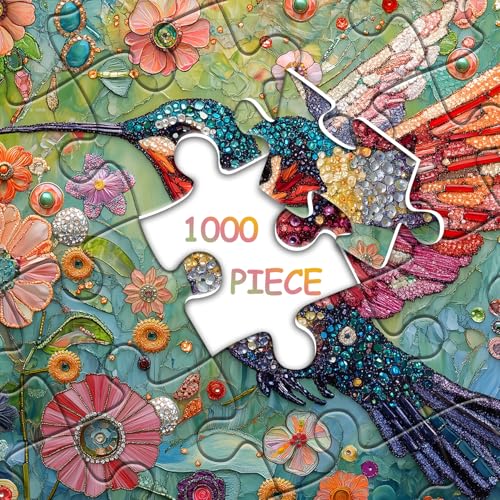 Hummingbird Puzzles for Adults 1000 Pieces, Nature Birds Flower Jewel Art Puzzle, Difficult Crystal Diamond Beautiful Garden Animals Jigsaw Puzzles, Colorful Floral Hard Challenging Puzzles for Adults - style: Flower & Hummingbird