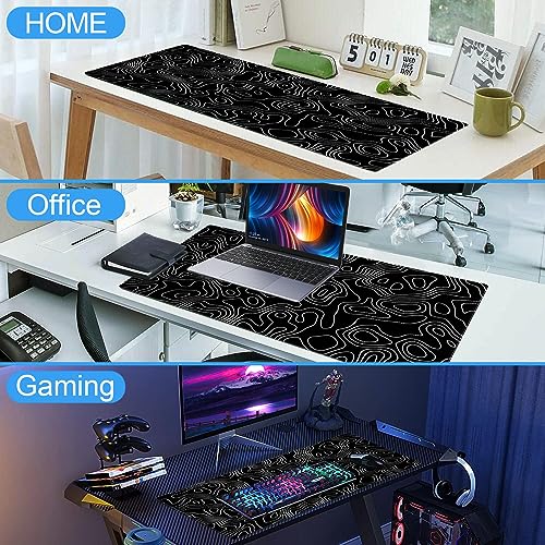 Black and White Topographic Desk Mat, Large Gaming Mouse Pad 31.5x15.7 | Sleek black and white contour line desk mat featuring pixel-precise tracking and a secure anti-slip rubber base. - color: Black Topographic Map
