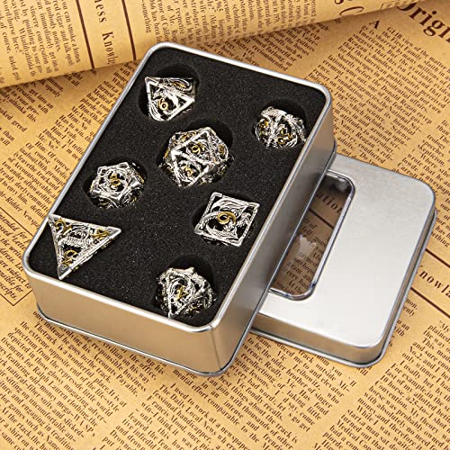 DND Dice,Hollow D&D Metal Dice,Dungeons and Dragons Dice Set with Gift Box,7 PCs Steampunk Polyhedral Dice Games Set for RPG,MTG,Pathfinder,(Dragon Silver Golden) - color: Dragon Silver Golden