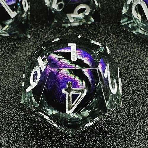 HAOMEJA Resin Dragon Eye DND Dice Set D&D 7 Pcs Resin Sharp Edge Role Playing Dice with Dragon Eye Dice Bag,Polyhedral Dungeons and Dragons Dice D20 D12 D10 D100 D8 D6 D4 (Black & Eye Purple) - color: 7 Eye Purple & Black