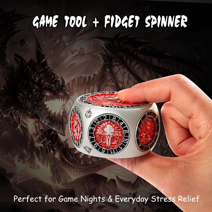 DNDND Dual D20 8-in-1 Spinner Metal Dice - Hexagonal Spinning D&D Monster Themed Dice Set for TTRPG Dungeons and Dragons, Dungeon Masters with Collectible Gift Tin (Silver with Red) - color: Silver Red