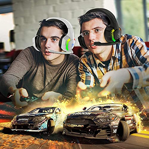 Wired Gaming Headset with Rainbow RGB Backlight Retractable Noise Isolating Microphone Stereo Sound Deep Bass Memory Foam Earmuff Over Ear Headphone for PS4 Xbox One Switch PC Mac Gamer Music (White) | Retractable,Noise Isolating Microphone,Stereo Sound,D