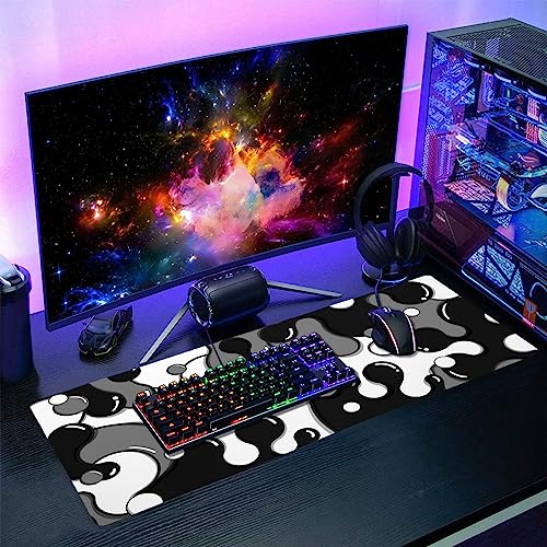 Black White Grey Mouse Pad XL Anime Cool Geometric Japanese Extended Desk Mat 80X30cm Non-Slip Rubber Base Stitched Edge Large Mousepad for Desk Gaming Laptop Desktop,31.5×11.8 Inch - color: Black-white, size: 31.5 x 11.8 inches