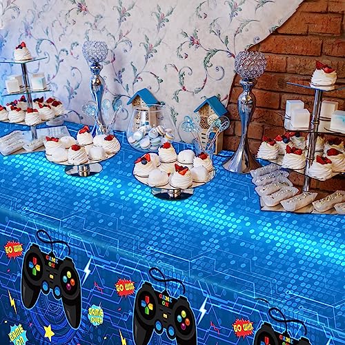 gisgfim 3pcs Video Game Tablecloths Gamer Tablecloth Birthday Party 106x54 Inch Gaming Party Plastic Table Cover Blue Gamer Table Cloth Game On Birthday Supplies for Kids Gaming Decor Favors