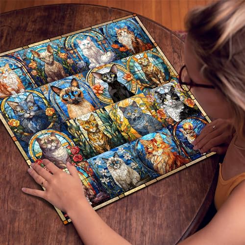 Stained Glass Puzzle Cat Puzzles for Adults 1000 Pieces, Colorful Kitty Kitten Collage Puzzles 1000 Pieces, Hard Difficult Impossible Challenging Jigsaw Puzzles for Adults - style: Stained Glass Cats