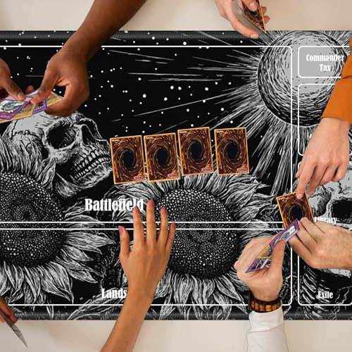MTG Playmat with Zones, TCG Card Game Play Mat with Stitched Edges, Non-Slip Rubber Base Gaming Desk Mat, Smooth Surface 24 x 14 Inch, Dark Sunflower Skull - color: Dark Sunflower Skull, size: Zone 1