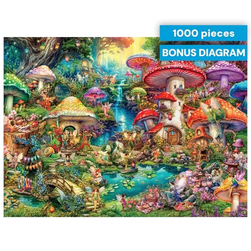 Buffalo Games - 1000 Piece Jigsaw Puzzle Aimee Stewart Merry Mushroom Village Picnic, Made in USA, Premium Recycled Board, Full-Color Poster, Giftable - color: Merry Mushroom Village Picnic