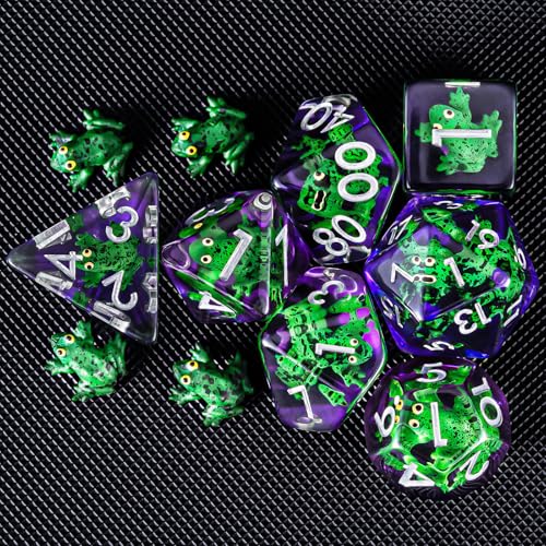 Resin D&D Dice Set, Green Frog Animal Polyhedral Dice for Dungeons and Dragons, RPG, MTG DND 7-DIE (D4, D6, D8, D10, D12, D20, D%) - color: Green Frog