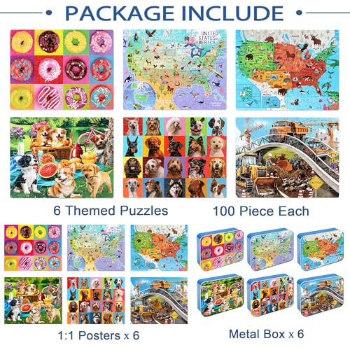 LELEMON Puzzles for Kids Ages 4-6,6 Pack 100 Piece Puzzles for Kids Ages 4-8 in a Metal Box,Educational Jigsaw Puzzles Puzzle Games Puzzle Toys for Girls and Boys - color: 6 Pack 100 Piece Puzzle 1