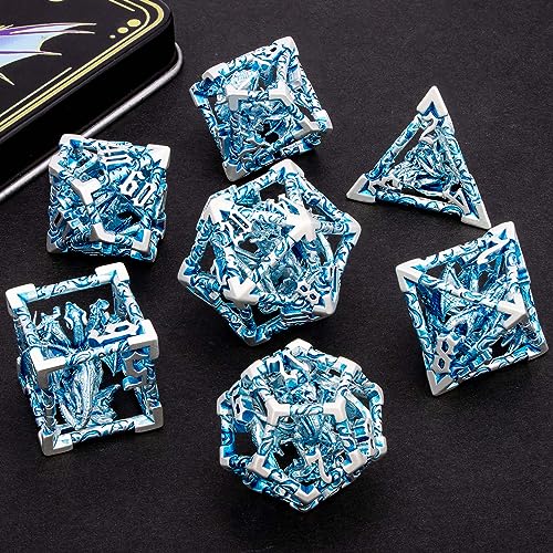 ARUOHHA Hollow DND Dice Set Silver Blue 5-Headed Dragons D and D Dice with Gift Box, Role Playing Games 7PCS Metal Dungeons Polyhedral Dice RPG Dice Set D20 D12 D10 D8 D6 D4 - color: Silver Blue-02
