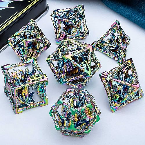ARUOHHA Hollow DND Dice Set, 7PCS Metal Rainbow D and D Dice Role Playing Games RPG Polyhedral Dice with Gift Box D20 D12 D10 D8 D6 D4 - color: Rainbow