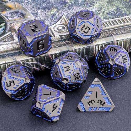 Metal DND Sci-fi Dice Set 7PCS Stripe Polyhedral Dice for Dungeons Dragons RPG Role Playing Game, Glitter D and D Dice with Gift Box D6 D8 D10 D12 D20 (Black&Blue Purple) - color: Black - Blue Purple