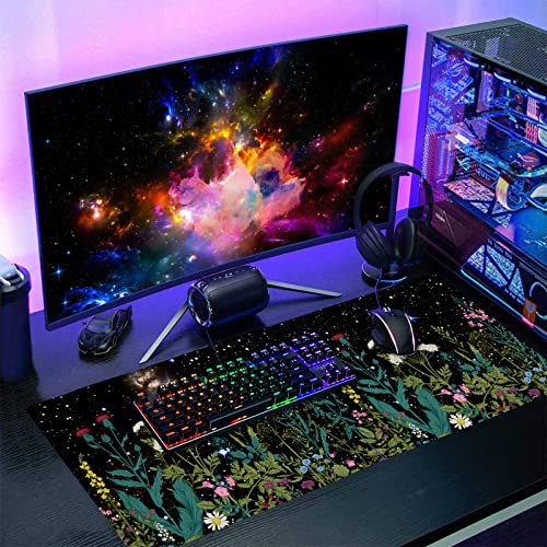 Black Aesthetic Wildflower Large Mouse Pad XXL Space Galaxy Weeds Herb Cute Floral Extended Large Desk Mat Big Desk Pad 90X40 CM Non-Slip Rubber Base Stitched Edge Long Mousepad,35.4 x 15.7 Inch - color: Blackherb, size: 35.4 x 15.7 inches