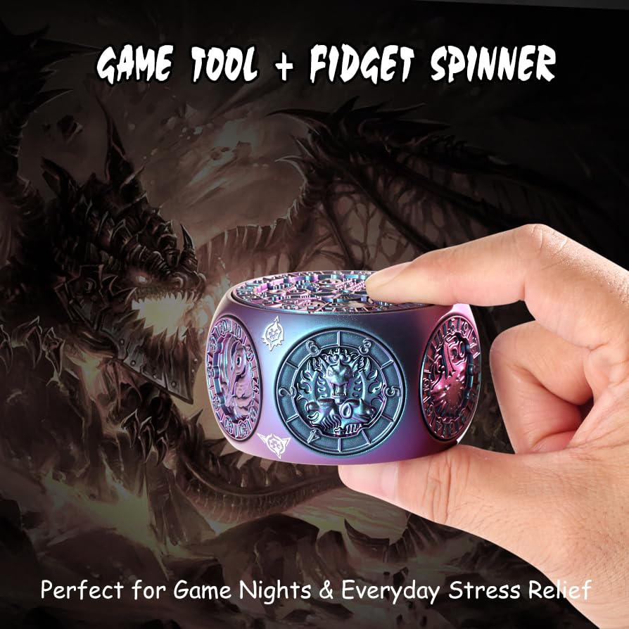 DNDND Spinner D&D Dice, Unique 8-in-1 Hexagonal Metal DND Dice with Dual D20 Monster Themed Dice Set for DND Dungeons and Dragons, Dungeon Masters with Collectible Gift Tin (Chameleon) - color: Chameleon