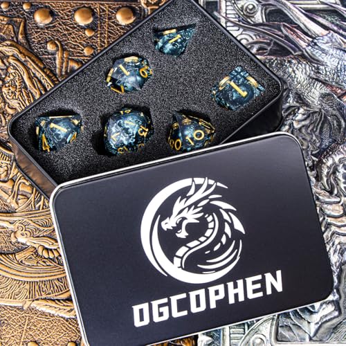 DND Skull Dice Set 7PCS Necromancer Polyhedral Dice for Dungeons Dragons RPG Role Playing Game, Resin Sharp Edged D and D Dice with Gift Box D6 D8 D10 D12 D20 (Navy Blue) - color: Navy Blue&gold