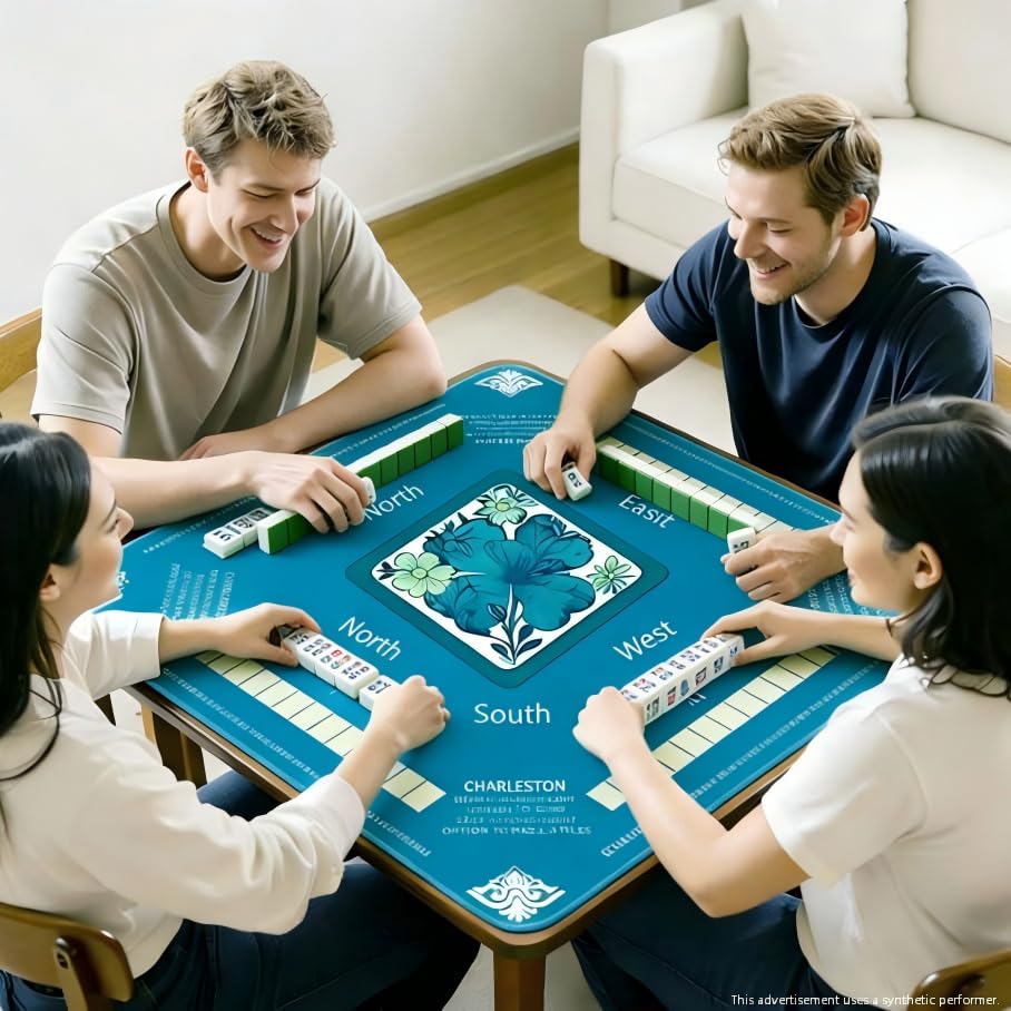 Chinoiserie Floral Mahjong Mat 32.4" x 32.4" with Rules, Anti-Slip Noise Reduction Design with Carrying Bag, Table Cover for Poker, Board Games, Dominoes and Card Games - color: Blue Floral
