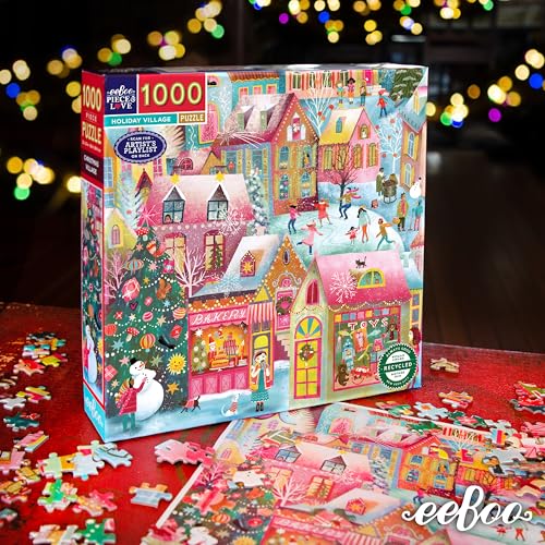 eeBoo Holiday Village 1000 Piece Square Jigsaw Puzzle, 23" x 23" | Double coated, sturdy & dust free pieces with a satisfying snap. Includes full color reference insert. Vibrant, original art - style: Holiday Village piece Puzzle