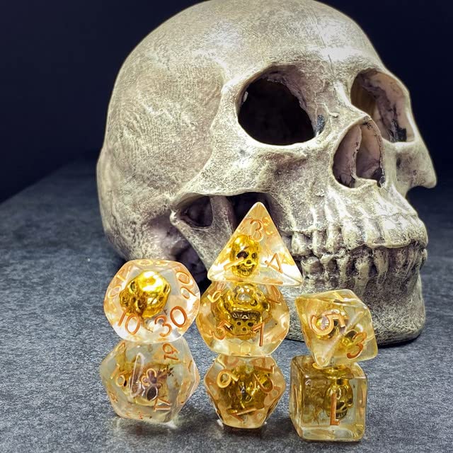 Sage's Portal Familiars and Reagents Resin DND Dice Set Polyhedral Dice Set for Dungeons and Dragons RPG Tabletop TTRPG (Golden Skull) - color: Golden Skull