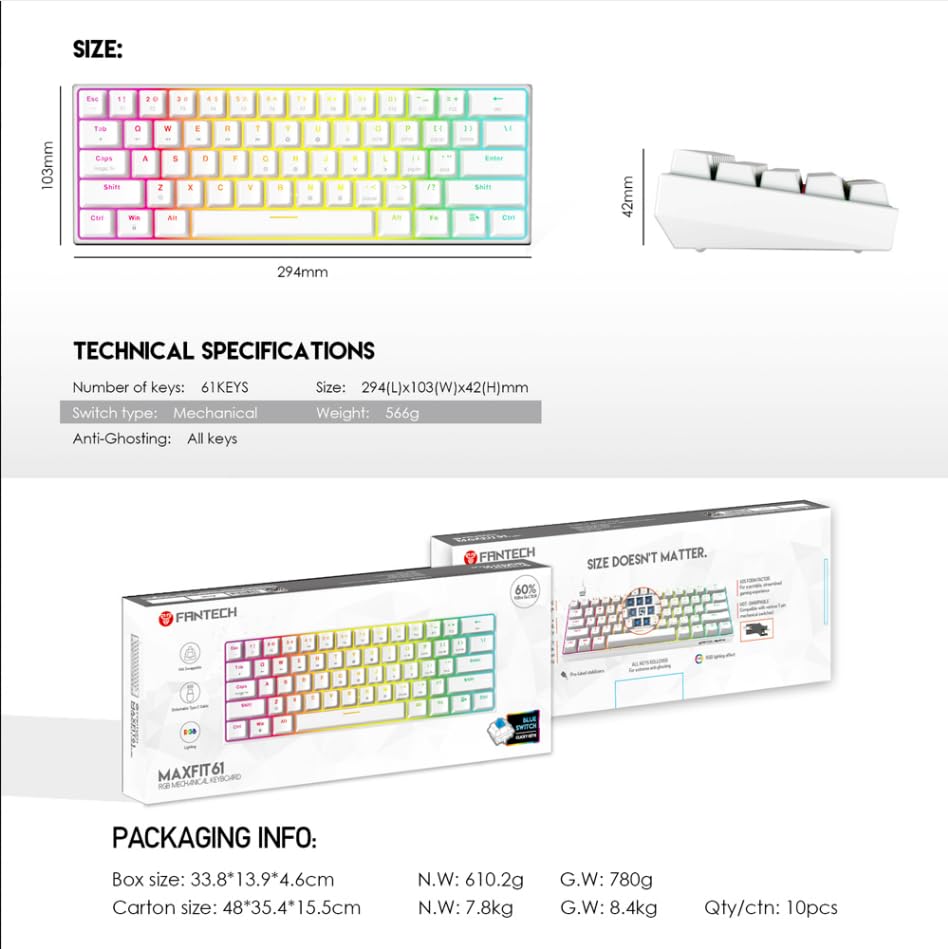 FANTECH Maxfit61 60% Mechanical Keyboard - Hot Swappable Blue Switch, White - color: BlueSW(Clicky)-White