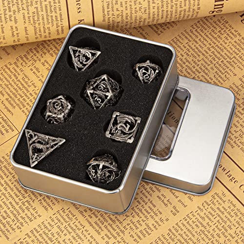 DND Dice,Hollow D&D Metal Dice,Dungeons and Dragons Dice Set with Gift Box,7 PCs Steampunk Polyhedral Dice Games Set for RPG,MTG,Pathfinder,(Dragon Ancient Silver) - color: Dragon Ancient Silver