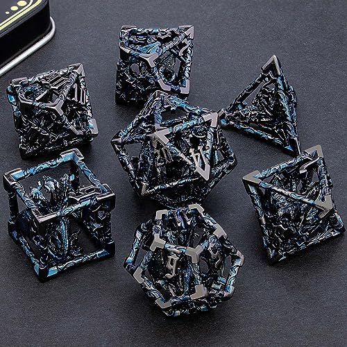 ARUOHHA Hollow DND Dice Set Black Blue Metal Dragons D and D Dice with Gift Box, Role Playing Games 7PCS RPG Dungeons Polyhedral Dice Set D20 D12 D10 D8 D6 D4 - color: Black Blue