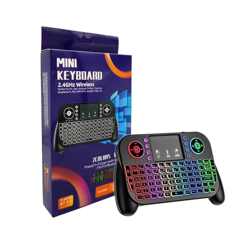 Mini Keyboard with Touchpad-2.4GHz & Bluetooth Dual-Mode,7-Color Backlight, Multimedia Hotkeys, Rechargeable, for Android TV Box, Smart TV, Projector, PS3, PC, Tablet, Windows/iOS/Android