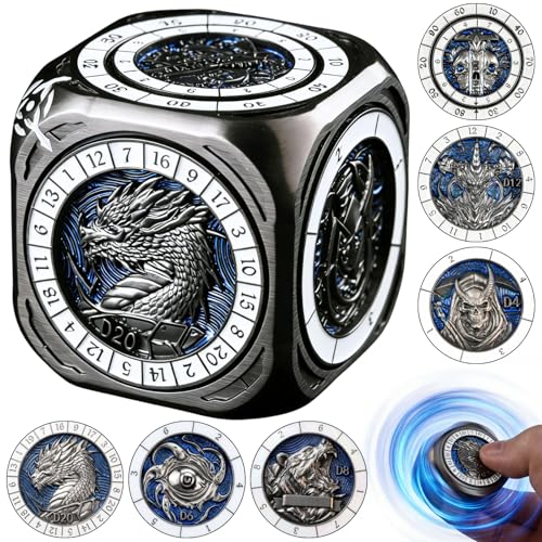 7-in-1 Spinner Dice Cube for D&D, Premium Metal RPG Dice Set with Engraved Fantasy Monsters, Unique Collectible Gift for Dungeons & Dragons Players - color: Spinner Cube Blue