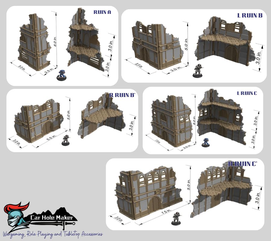 Foldable Imperial Gothic Terrain Set – 3D Printed Modular Ruins, Preassembled Scenery for 28mm Tabletop Wargames, Tournament Layout Compatible (Black)