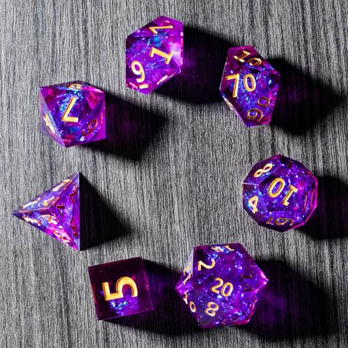 Resin DND Dice Set, (Purple-Warlock) 7 Pieces Handmade Sharp Edge Polyhedral Dice, Designed for Dungeons & Dragons, MTG, Role Playing Game, Dice Gift for D&D RPG DM and Players - color: Purple