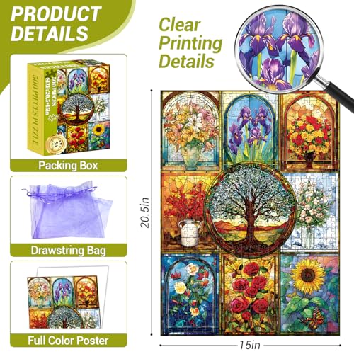 500 Piece Puzzle for Adults, Stained Glass Windows Jigsaw Puzzles, Tree of Life Jigsaw Puzzles 500 Pieces, Birthday Party for Family Adults Funny Puzzle, 20.5×15 in - style: Stained Glass windows