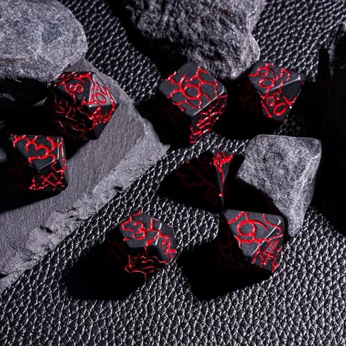 Black DND Dice Set Cracked Polyhedral Dice Set D&D for Tabletop Game | Leather Storage Bag, DM Gift, for Dungeons and Dragons Role Playing Games - color: Crackle-red