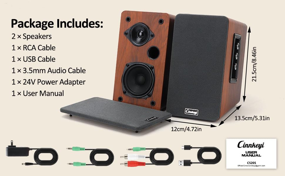 PC Speakers 50W,Wooden 2.0 Bookshelf Speakers | Bluetooth, RCA, AUX (3.5mm), USB (DSP) Inputs | Strong Bass Computer Speakers for Turntable, TV, Laptop,Record Player