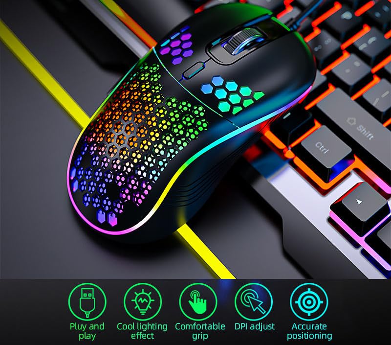 DC G40U Wired Gaming Mouse, RGB Honeycomb Ergonomic Design, 4 DPI Levels (1200/2400/4800/7200), Optical Sensor, Plug and Play, Compatible with PC, Mac, Tablet (Black) - color: Black
