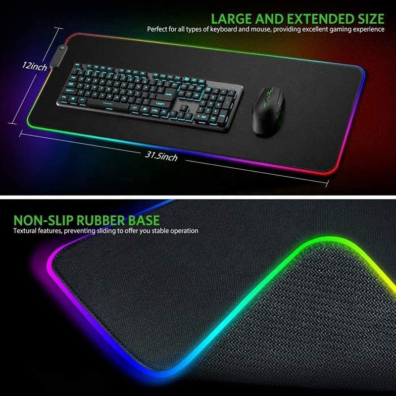 RGB Gaming Mouse Pad, Extended XXL Big Size, 14 Mode Spectrum 7 Colors LED Light Up Border, Black, 1.8 USB Cable