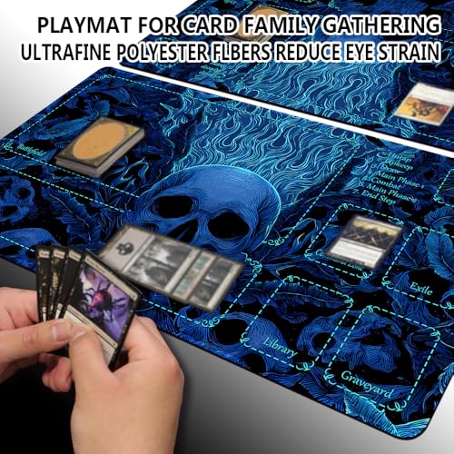MTG Playmats(Stitched) 14x24in Compatible for OCG CCG RPG TCG Playmats with Card Zones Storage Bag (Mystery of Blue-with Zone) - color: Mystery of Blue-with Zone