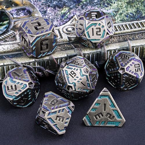 Metal DND Sci-fi Dice Set 7PCS Stripe Polyhedral Dice for Dungeons Dragons RPG Role Playing Game, Glitter D and D Dice with Gift Box D6 D8 D10 D12 D20 (Grey&Purple Green) - color: Silver Gray - Purple Green